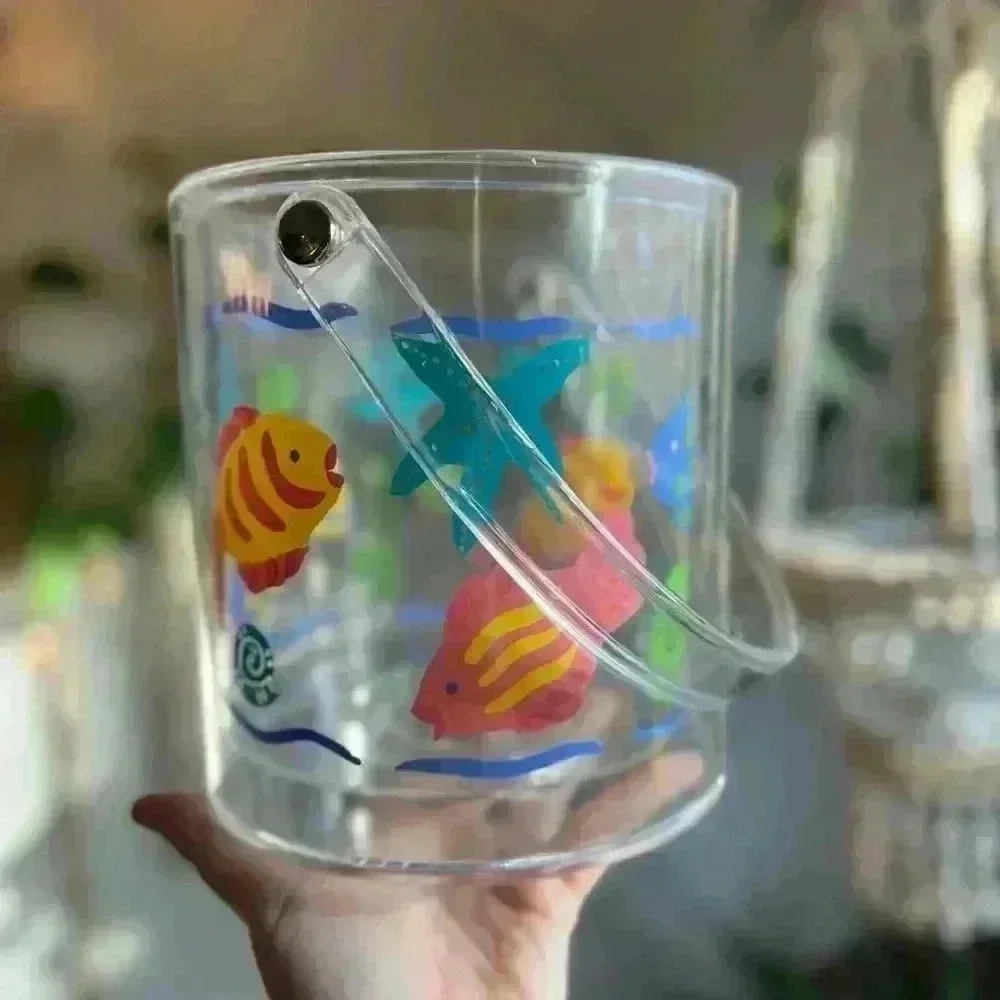 Vintage 90’s Acrylic Ice Bucket Retro Clear Tropical Fish & Beach Theme Decor